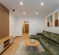 Living room in a two-room apartment with a sofa, table, and wooden decor flooring.