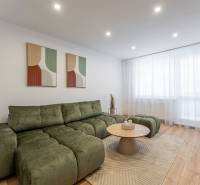 Living room in a two-room apartment with a sofa, wooden decor flooring, and two paintings.