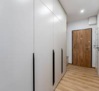 Entrance hallway with a wardrobe and a floor with a wooden decor in a 2-room apartment.