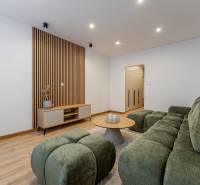 Living room with wood-patterned flooring, green sofa, and wooden paneling in a two-room apartment.