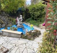 The garden of the cottage in the Košice district of Vyšné Opátske with a brick house and a statue.