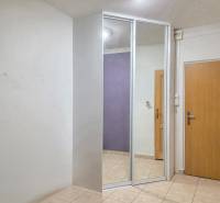 Entrance hall in a 2-room apartment with tiles and a mirror on the wardrobe.