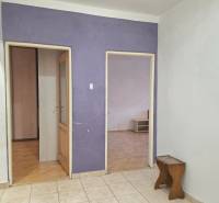 A hallway in a 2-room apartment with a tiled floor and a purple wall.
