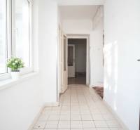 A hallway in a family house with white walls and tiles, a flower on the windowsill.