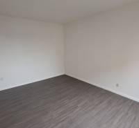 An empty room in a one-room apartment with white walls and a wooden-patterned floor.