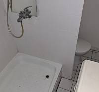 Bathroom in a studio apartment with white tiles and a shower corner.