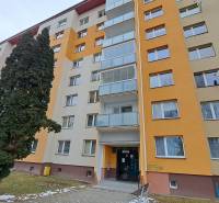 A seven-story apartment building on Za dráhou Street in Ružomberok surrounded by trees.