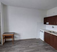 A kitchen in a studio apartment with dark cabinets and a wood-patterned floor.