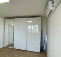 A studio apartment with a mirrored wardrobe and a wooden decor floor.