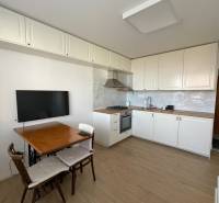 A kitchen in a studio apartment with a wood-patterned floor and a dining table.