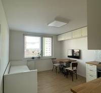 Interior of a 1-room apartment with a wooden decor floor and minimal furnishings.