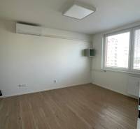 A room with white walls and a wooden decor floor in a studio apartment.