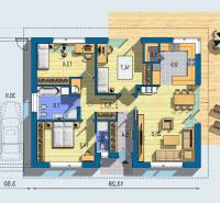 Floor plan of a family house with a wooden decor floor, includes three rooms, a kitchen, and a terrace.