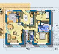 Floor plan of a family house with a terrace, wooden decor flooring, and a garage.