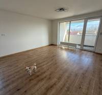 A spacious room in a 2-room apartment with a wood-patterned floor and a balcony.