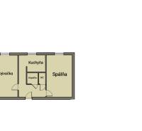 Floor plan of a 2-room apartment with a living room, kitchen, bedroom, bathroom, and toilet.