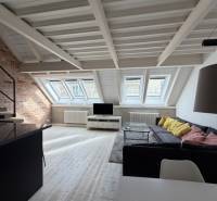 Attic living room with skylights, wooden decor flooring, 4-room apartment.