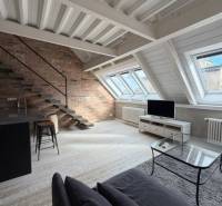 Attic 4-room apartment with a brick wall and wooden decor flooring.