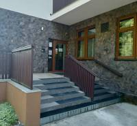 Stone cladding and stairs leading to the entrance of the building in Makov.