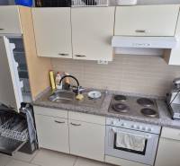 A kitchen unit in a one-room apartment with a dishwasher, stove, and open refrigerator.