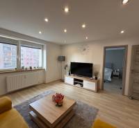 A bright living room in a two-room apartment with a wooden decor floor and a sofa.