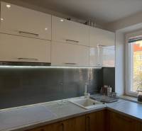 A kitchen in a 2-room apartment with white cabinets, an induction hob, and a light wood decor.