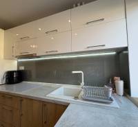 A kitchen in a 2-room apartment with light cabinets and lighting above the countertop.
