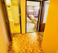 A corridor in a 2-room apartment with a wooden decor floor and doors to the rooms.