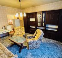 A living room in a two-room apartment with older furniture and a carpet on the floor.