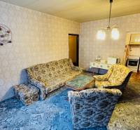 Living room with a retro sofa set, patterned carpet, entrance to the kitchen in a two-room apartment.