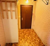 A hallway with a wooden decor floor and light wallpaper in a 2-room apartment.
