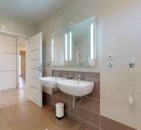 A bathroom in a family house with two sinks, a shower, and a large mirror.