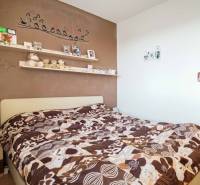 A bedroom in a 3-room apartment with a decorated wall and bold bed linens.