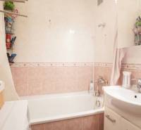 Bathroom with a bathtub and a sink in a 3-room apartment, tiles in soft shades.