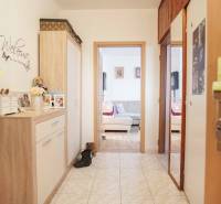 A hallway in a 3-room apartment with tiles and cozy furniture in a wooden decor.