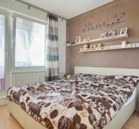Bedroom in a 3-room apartment with a decorative wall, shelf, and bed, floor with wood decor.