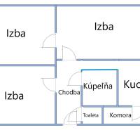 Floor plan of a 3-room apartment with a hallway, bathroom, toilet, kitchen, storage room, pantry, and balcony.