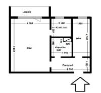 Floor plan of a 2-room apartment with a loggia, kitchenette, bathroom, and hallway.