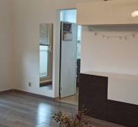 Living room in a two-room apartment with wood-patterned flooring, white furniture, and a mirror.