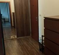 A hallway in a 2-room apartment with a wooden decor floor, a built-in wardrobe, and a mirror element.