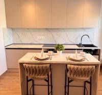 A kitchen in a 2-room apartment with a white marble countertop and a wooden decor floor.