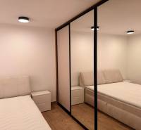 Bedroom with two beds, mirrored wardrobe, and wooden decor flooring in a two-room apartment.