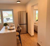 A kitchen in a 2-room apartment with a bar, wooden decor flooring, and a refrigerator.