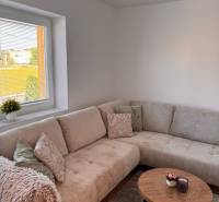 A comfortable sofa and a coffee table in a 2-room apartment with a view outside.