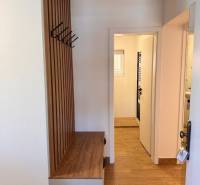 Entrance hallway with a hanging system and floor with wood decor in a 2-room apartment.