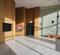 Reception in a building with a patterned wall and wooden paneling, bright space.