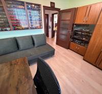 A room with a sofa, a display cabinet with models, and a floor with a wooden decor in a three-room apartment.