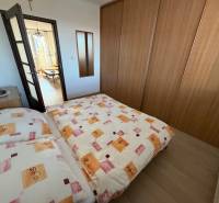 Bedroom in a 3-room apartment with a bed, built-in wardrobe, and floor with wooden decor.