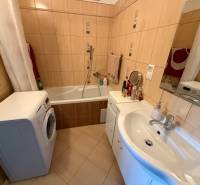 A bathroom with a shower and a bathtub in a 3-room apartment, with a washing machine and a sink.