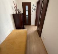 A hallway in a 3-room apartment with doors, butterfly decorations, and a wooden-patterned floor.